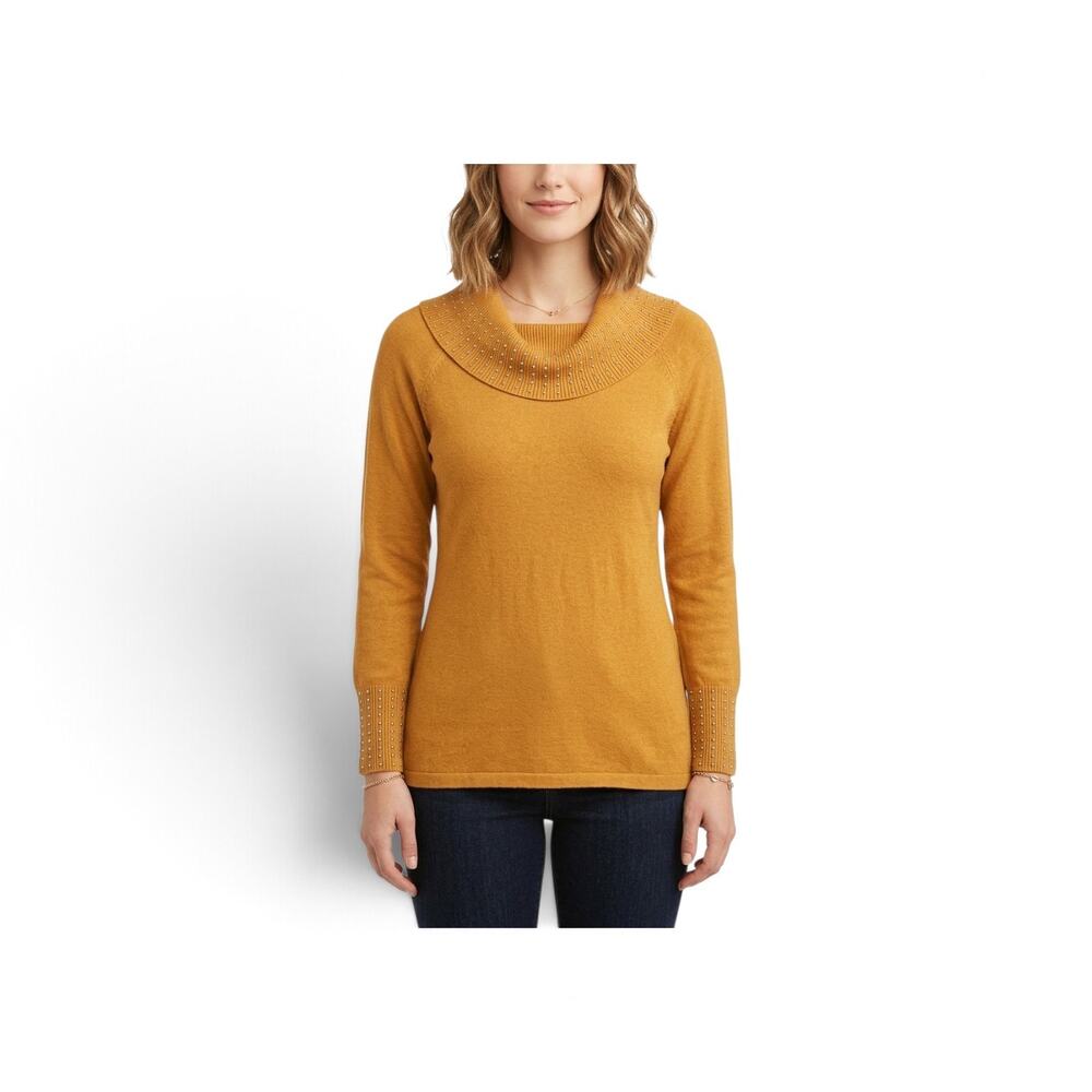 Questions? Womens Cowl Neck Tunic Sweater Studded Ribbed Dark Mustard Size L